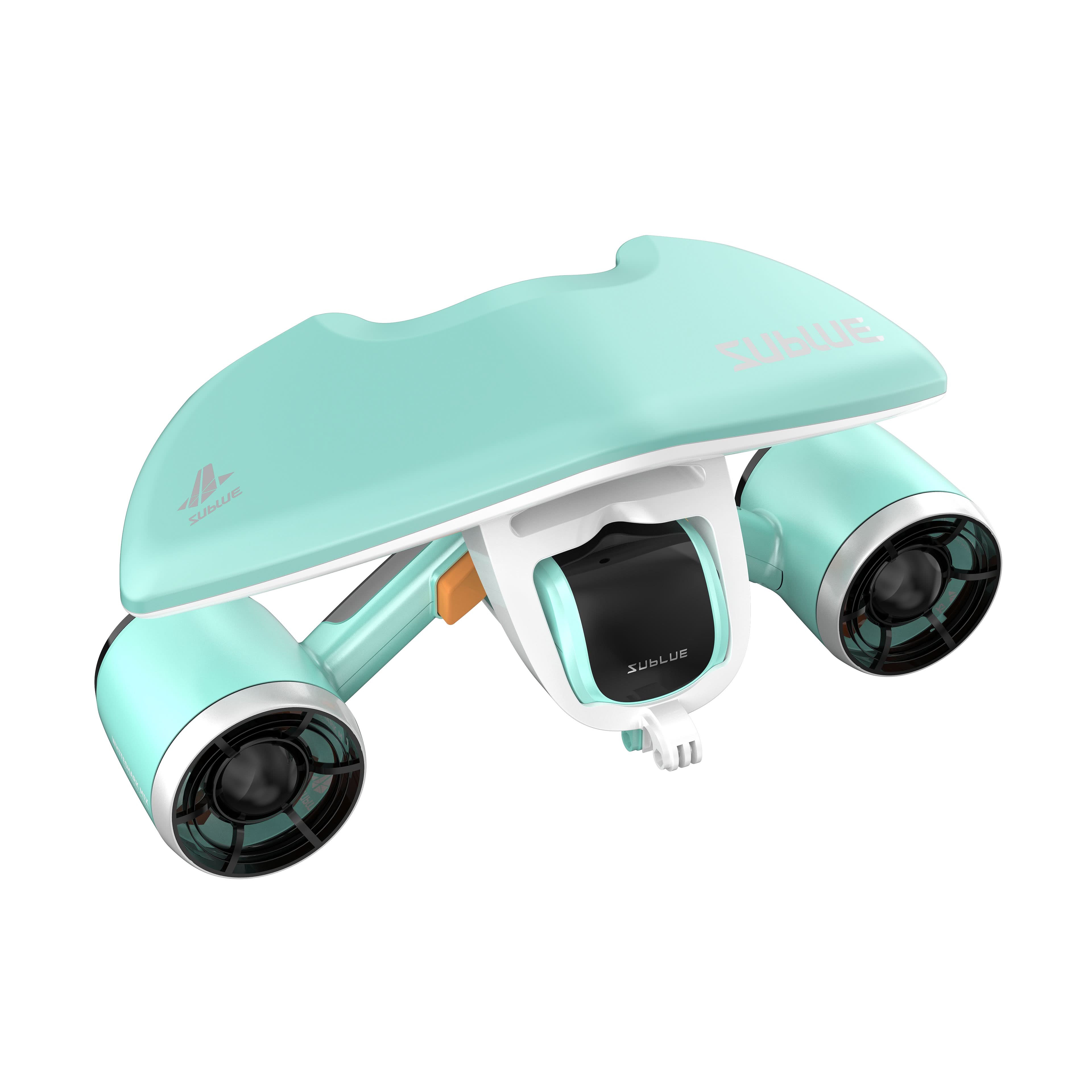 Compact SUBLUE Mix underwater scooter: dual motors, 1.5 m/s speed, 30-min battery, 40 m depth. Lightweight, action-camera ready for pool, snorkel or dive.
