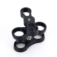 Durable black aluminum Dual-ball Butterfly Clip for underwater camera stability.