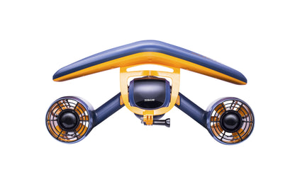 Sublue Mix underwater scooter in blue and yellow, featuring dual propellers.