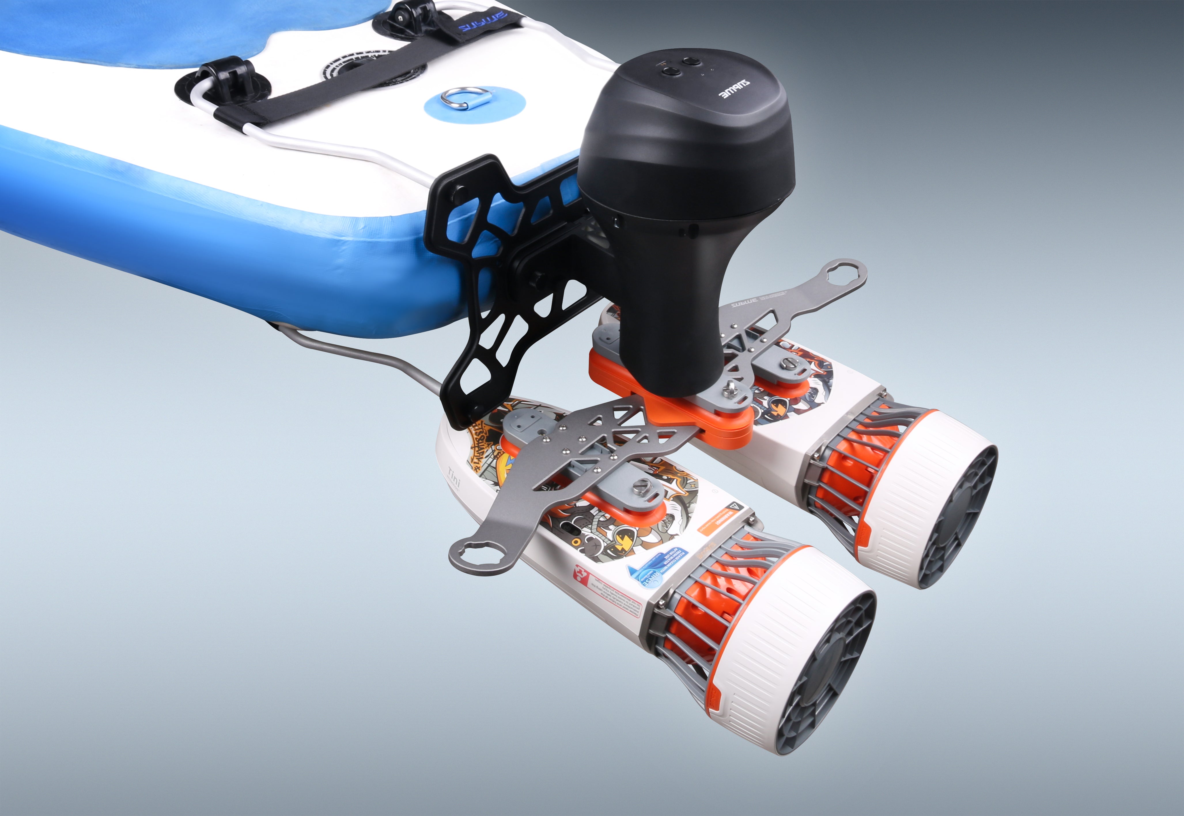 Tini Double-Engine Support Handle attached to dual underwater scooters for propulsion.