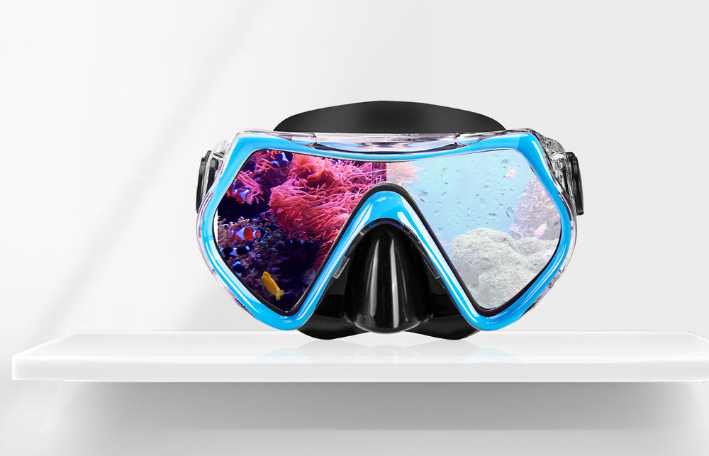 a goggles with a fish reflection on it