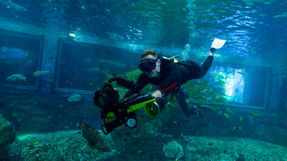 Diver with Navbow base plate and action camera capturing underwater marine life.