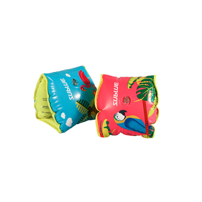 Colorful Sublue inflatable swim armbands with parrot designs for kids' swimming.