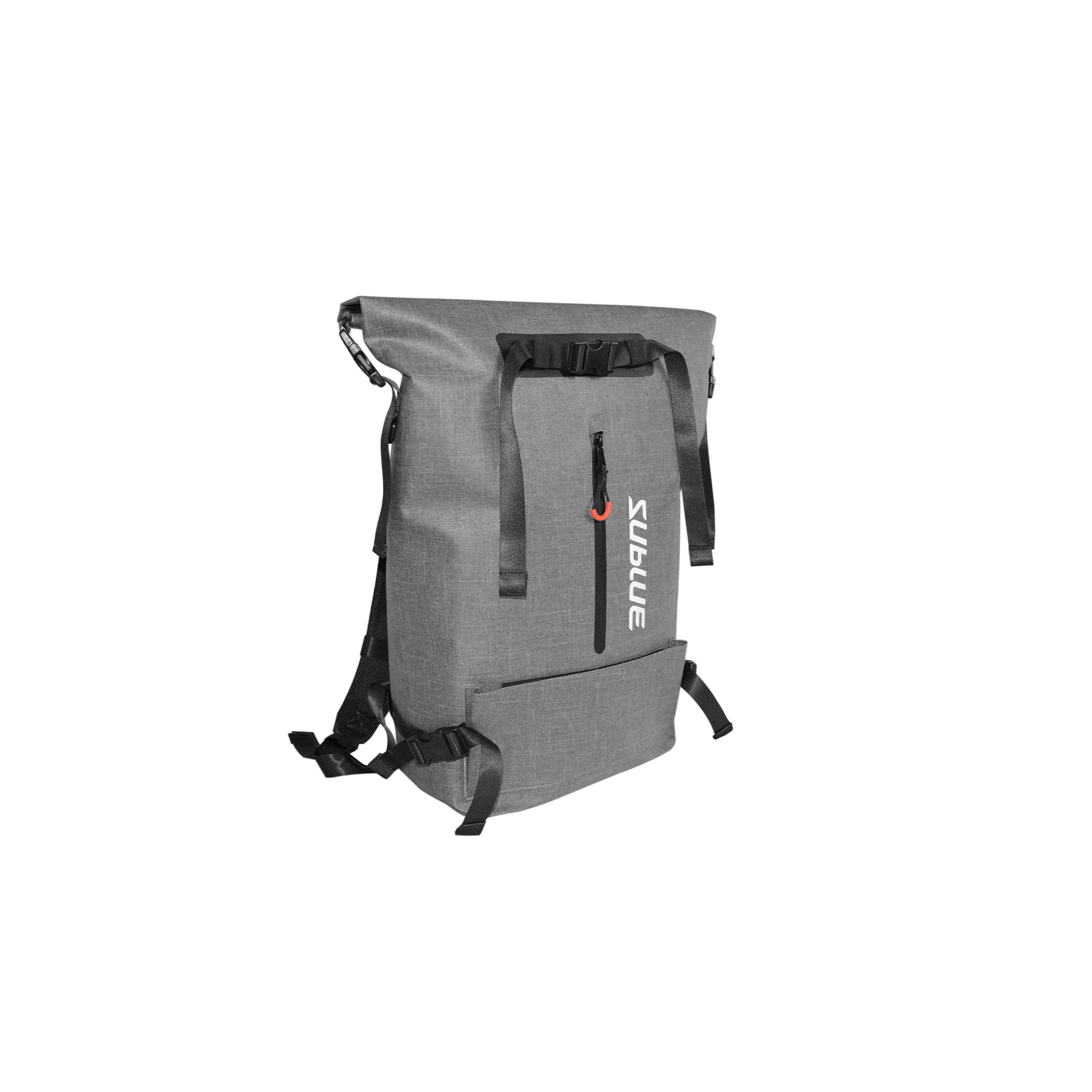 Grey Sublue roll-top waterproof backpack with adjustable straps showcasing durable design