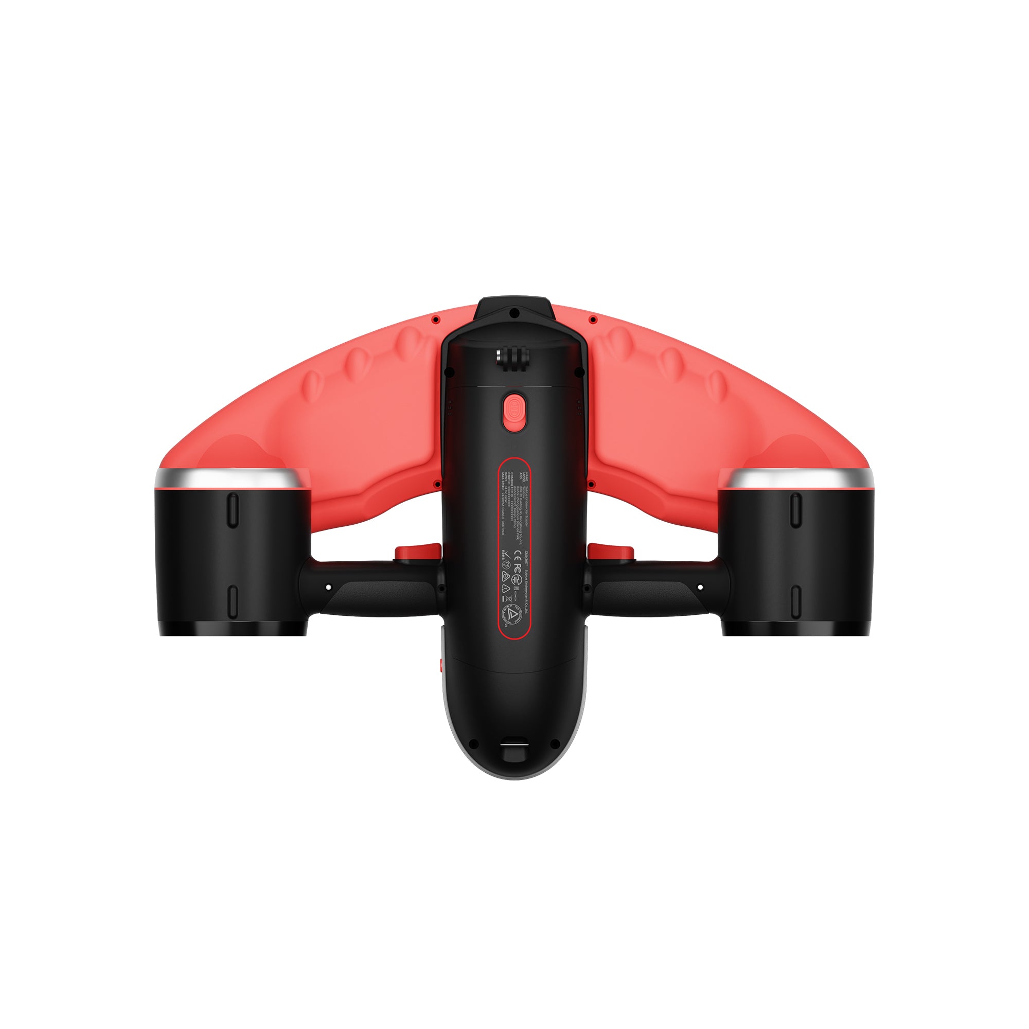 Sublue Navbow underwater scooter in red and black with dual motors from above.