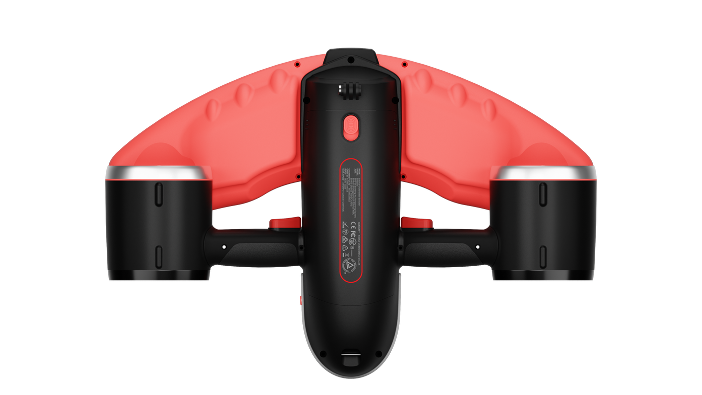 a black and red device with red handles