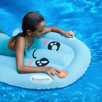 Child floating on blue inflatable kickboard with playful face in pool water.