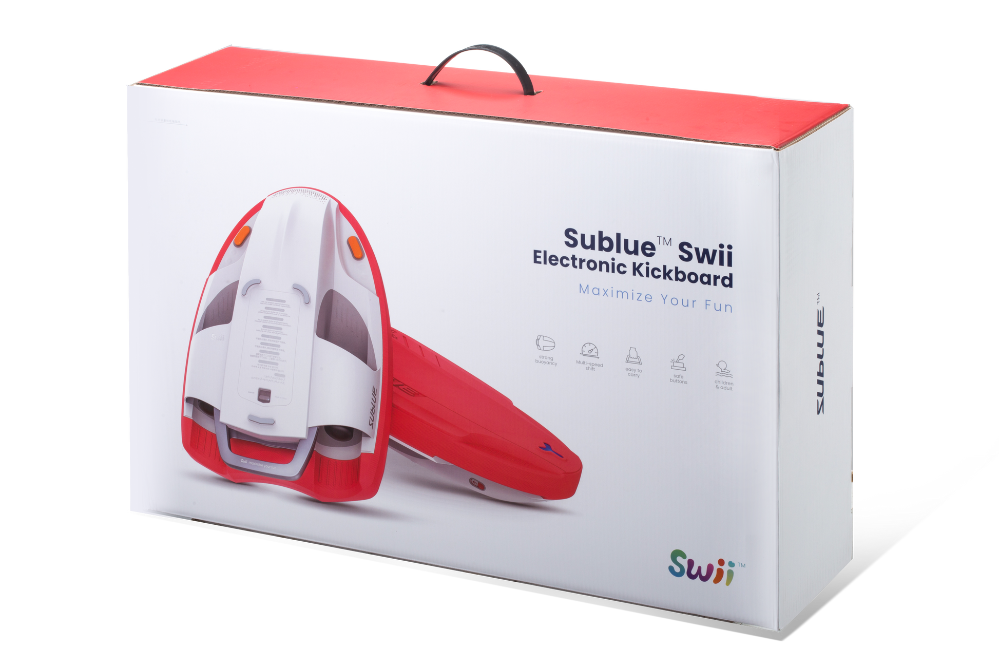 SUBLUE Swii Electronic Kickboard packaging in red and white with product features displayed.