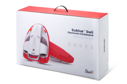 SUBLUE Swii Electronic Kickboard packaging in red and white with product features displayed.