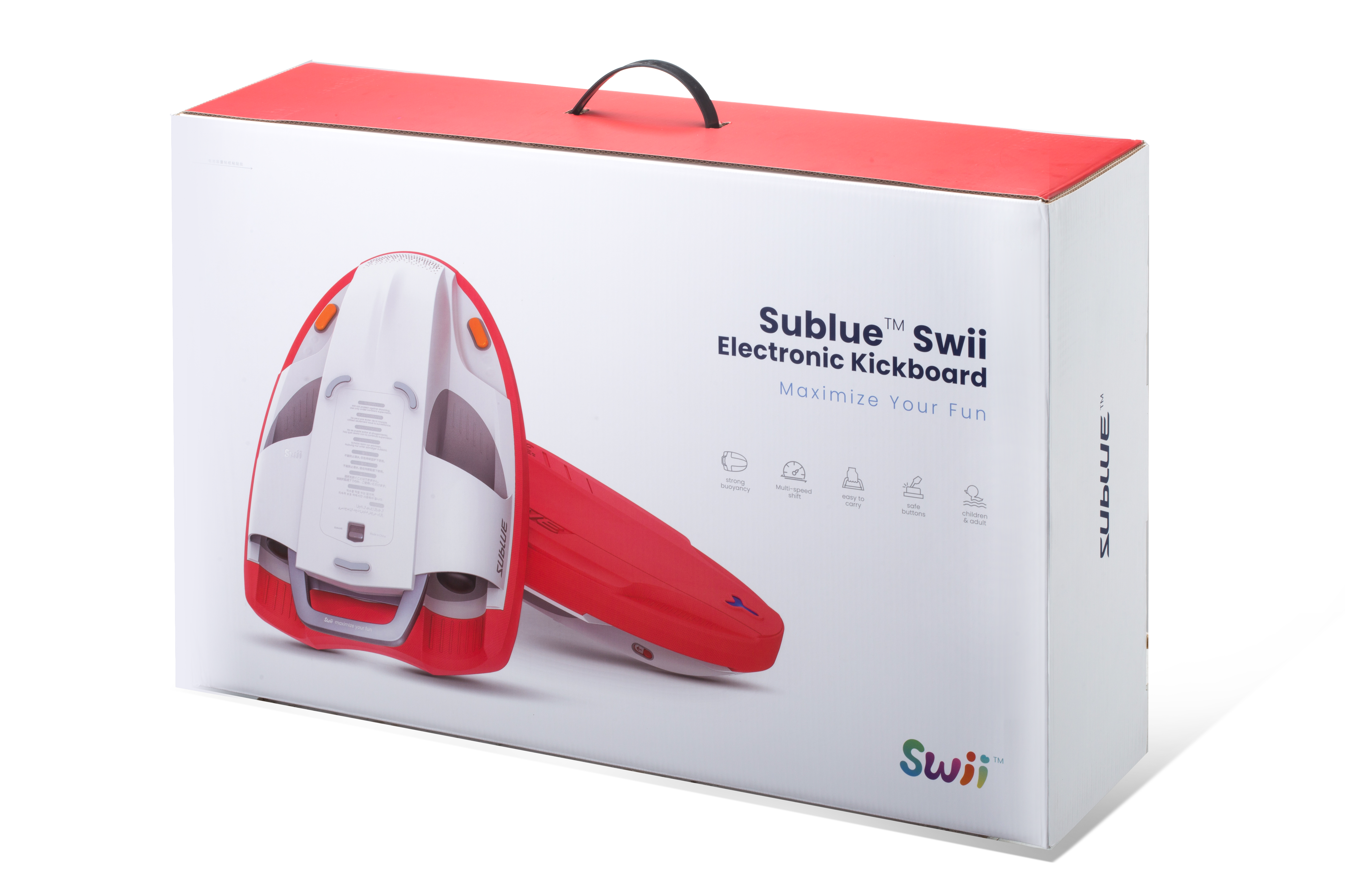 SUBLUE Swii Electronic Kickboard packaging in red and white with product features displayed.