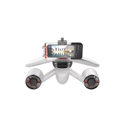 Top view of SUBLUE MixPro underwater scooter with smartphone mount for capturing photos.