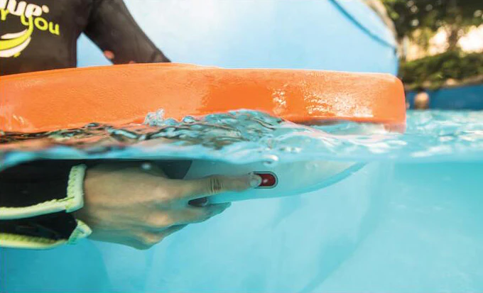 a hand holding an object under water