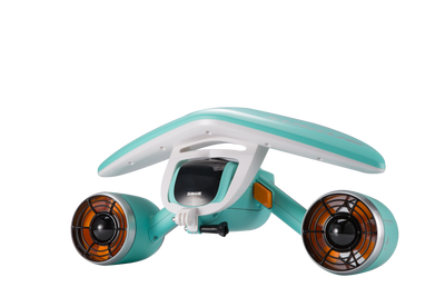 Teal Sublue Mix underwater scooter with orange propellers from the side.