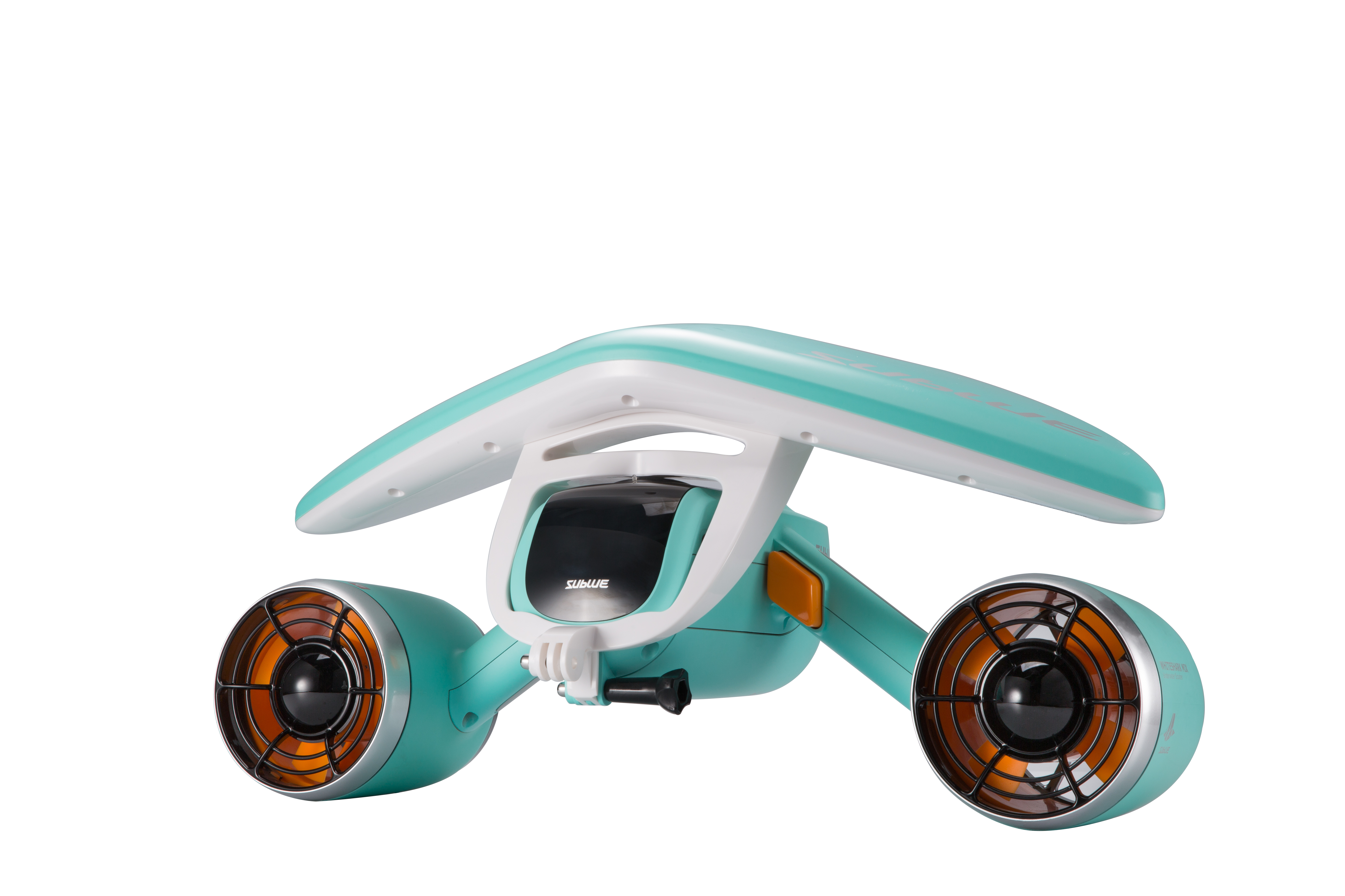 Teal Sublue Mix underwater scooter with orange propellers from the side.