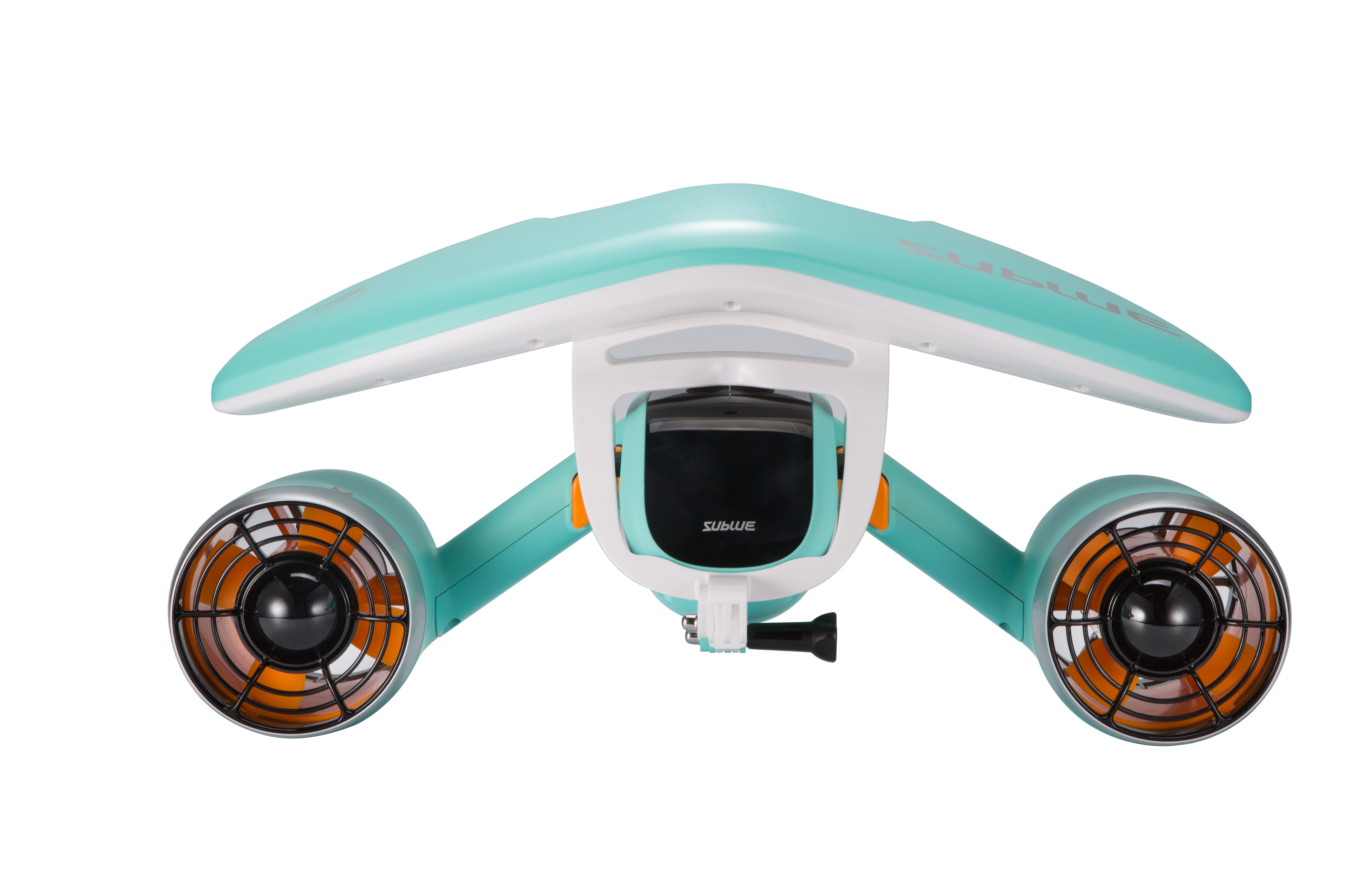 Teal Sublue Mix underwater scooter with orange propellers, front view.