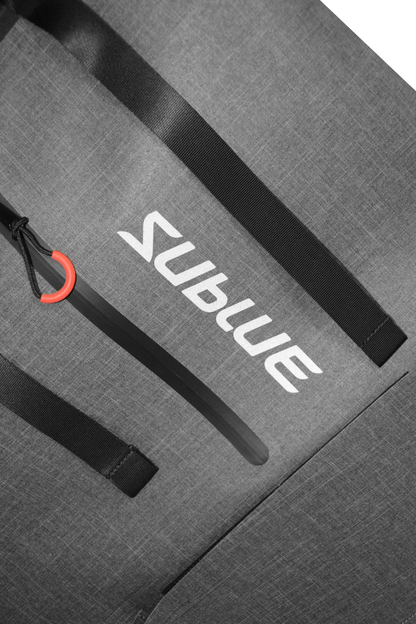 Close-up of Sublue waterproof backpack logo and straps.