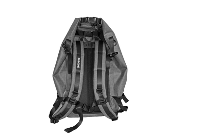 Back view of grey Sublue waterproof backpack with adjustable straps and roll-top design.