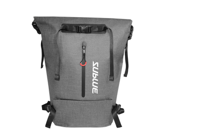 Sublue waterproof backpack with roll-top closure and front zippered pocket.