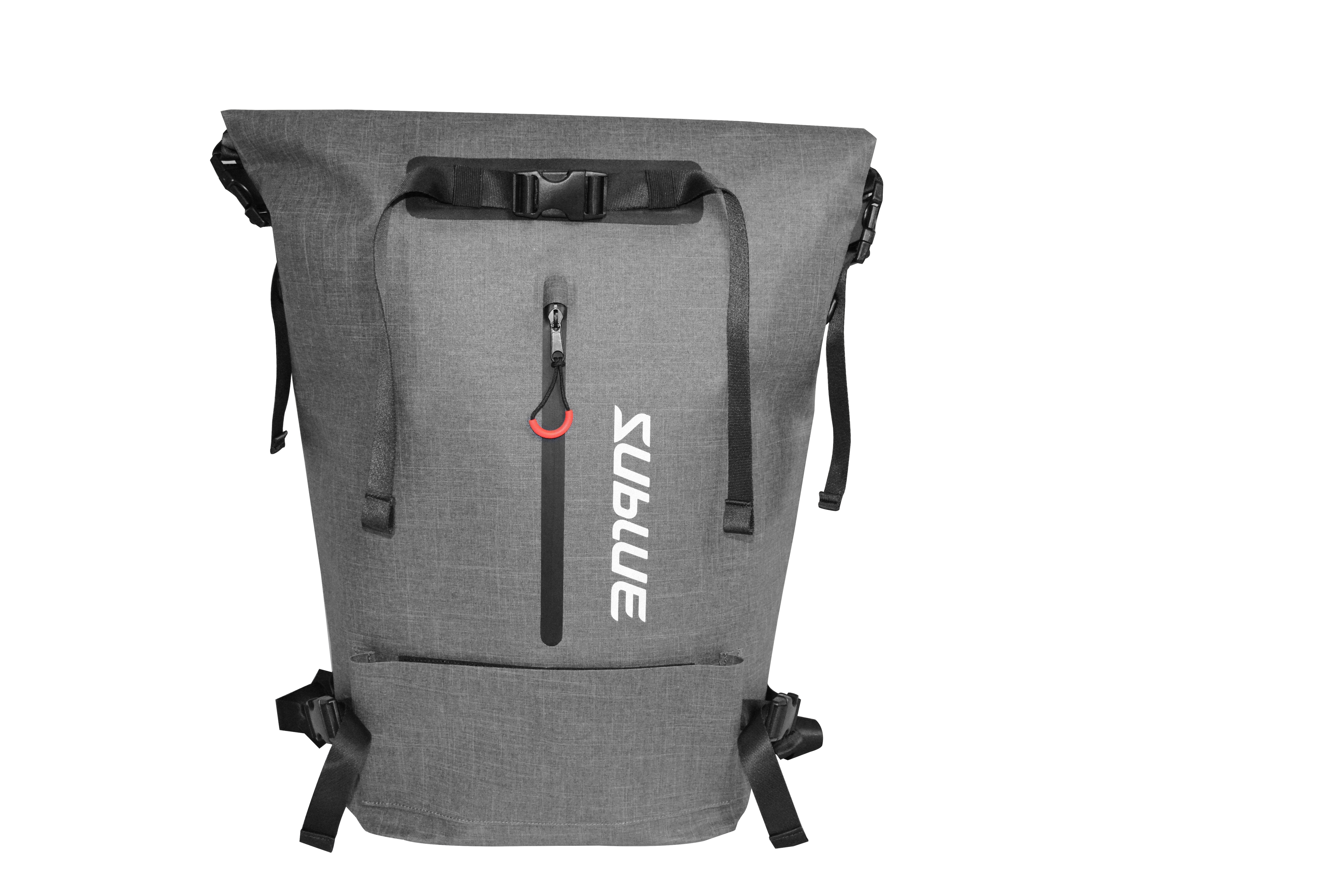 Sublue waterproof backpack with roll-top closure and front zippered pocket.