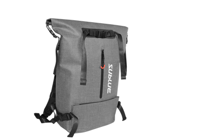 Sublue waterproof backpack with roll-top closure and external zippered pocket.