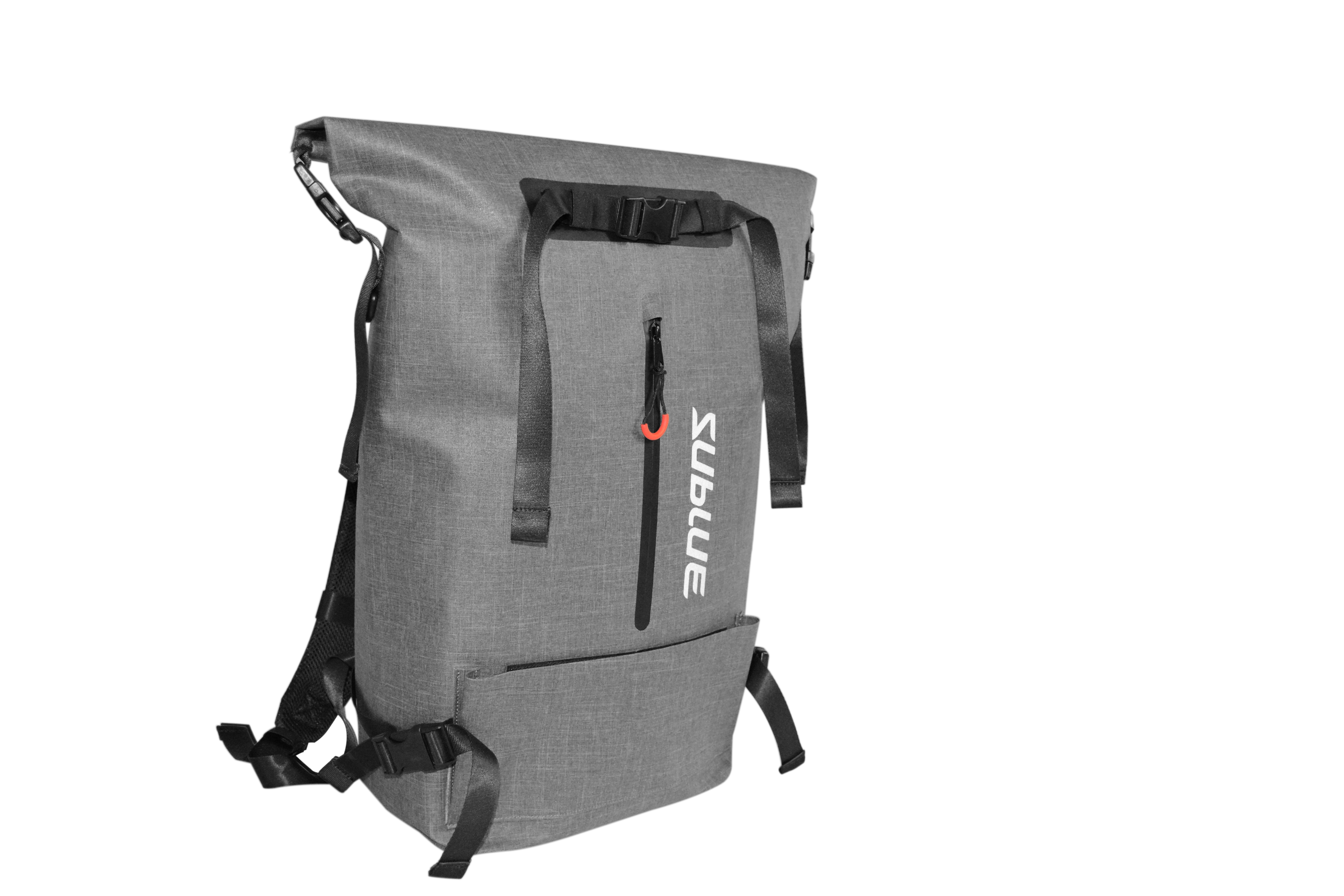 Sublue waterproof backpack with roll-top closure and external zippered pocket.