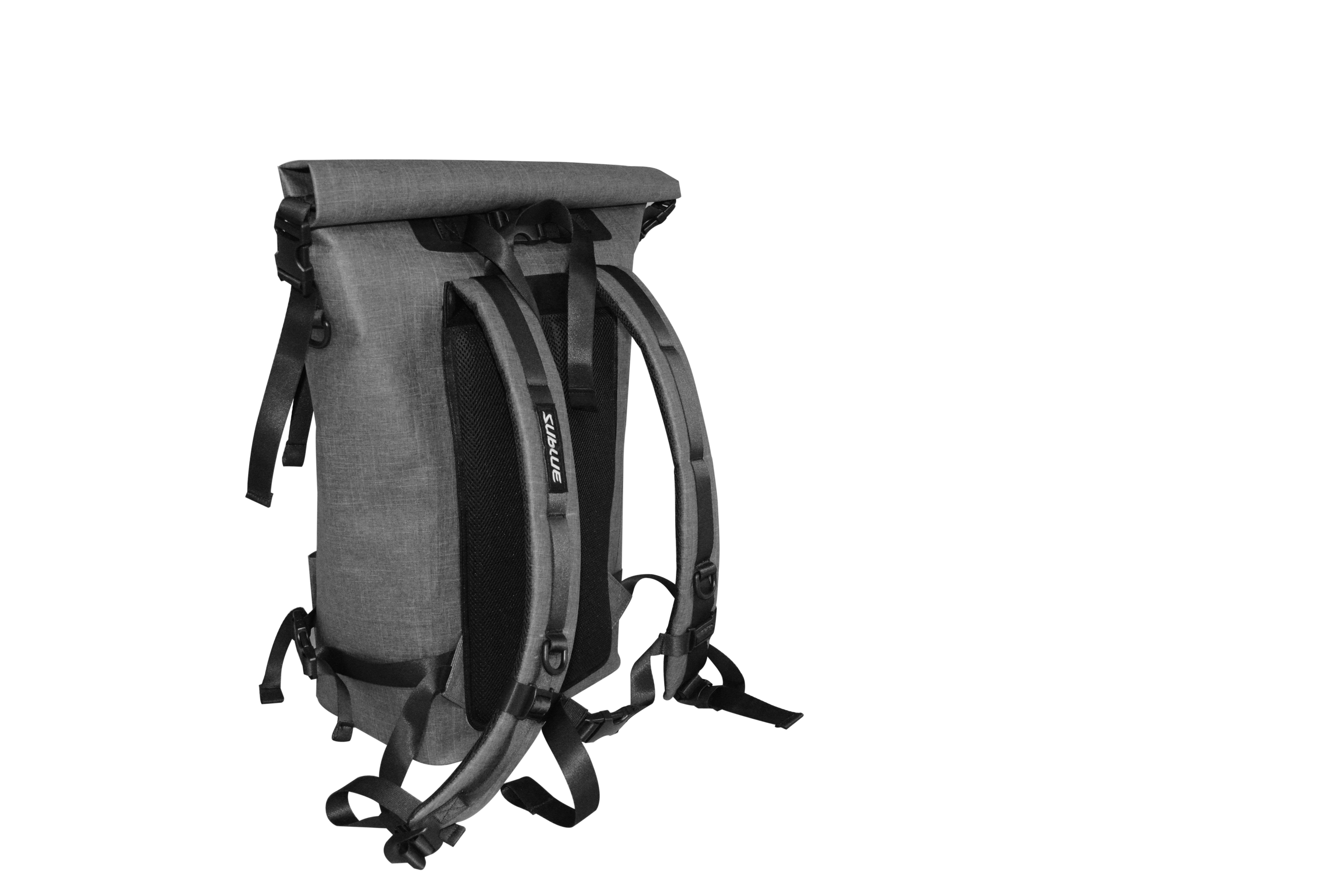 Side view of Sublue waterproof backpack showcasing adjustable straps and roll-top closure.