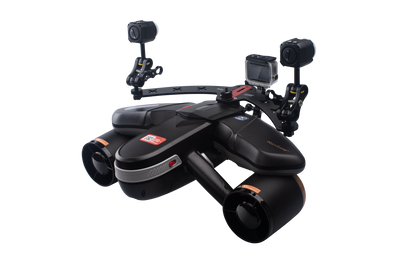 Navbow base plate with dual camera mounts and LED lights for marine photography.