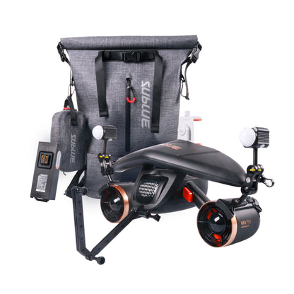 Sublue Mix Pro underwater scooter with camera mount and accompanying accessories.