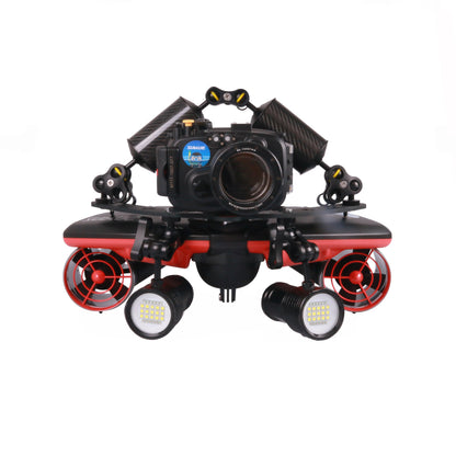 Navbow base plate setup with action camera and two LED lights for underwater photography.