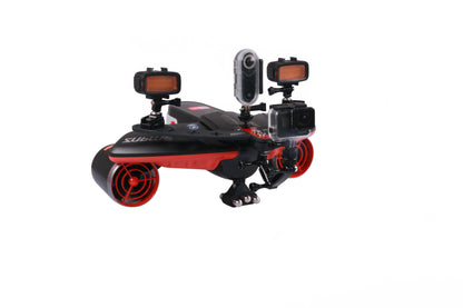 Navbow base plate with action camera and LED lights for underwater exploration.