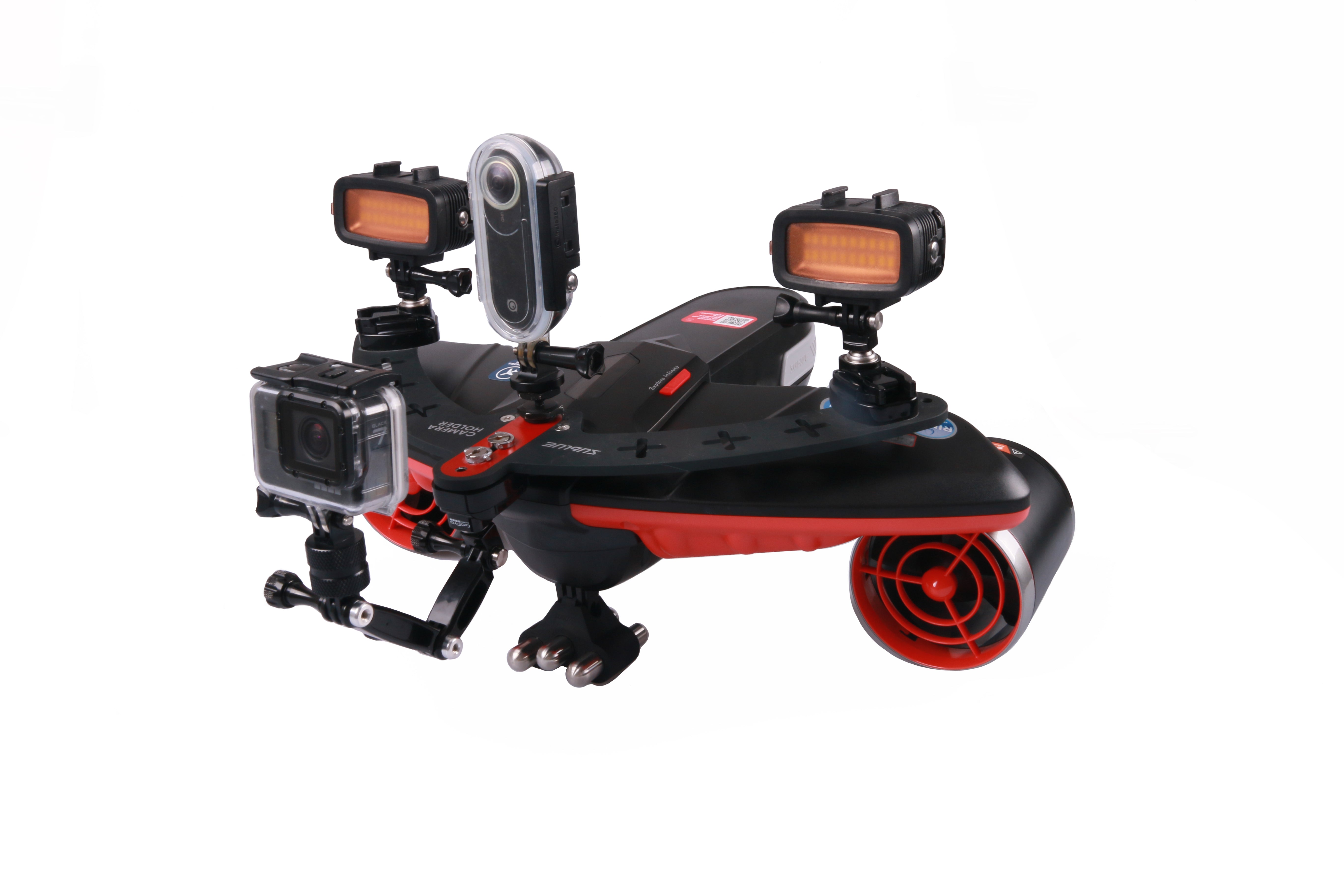 Navbow base plate featuring action camera and dual LED lights for underwater imaging.