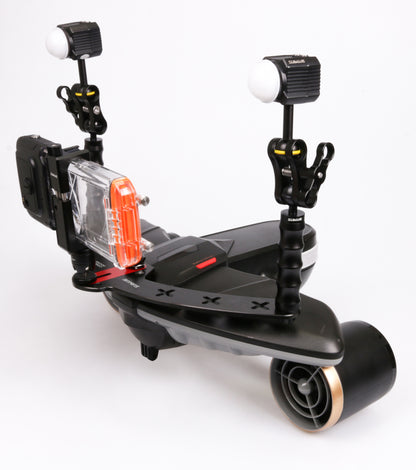 Sublue underwater scooter with smartphone mount and dual lights for photography