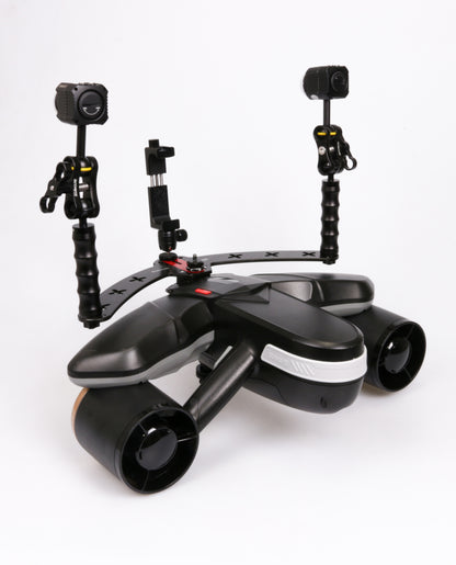 Sublue Navbow+ underwater scooter with dual propellers and camera mounts.