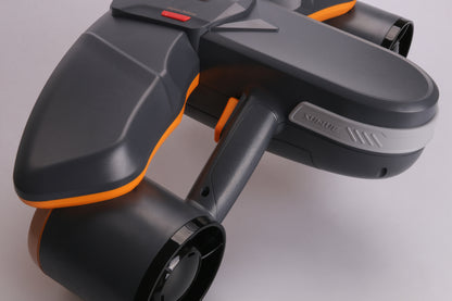 Close-up of SUBLUE Navbow+ underwater scooter with sleek design and dual propellers.