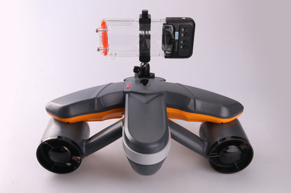 Sublue underwater scooter with H1 phone case mounted on top for underwater photography.