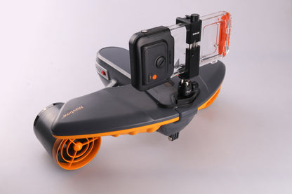 Sublue H1 phone case mounted on underwater scooter for capturing photos.