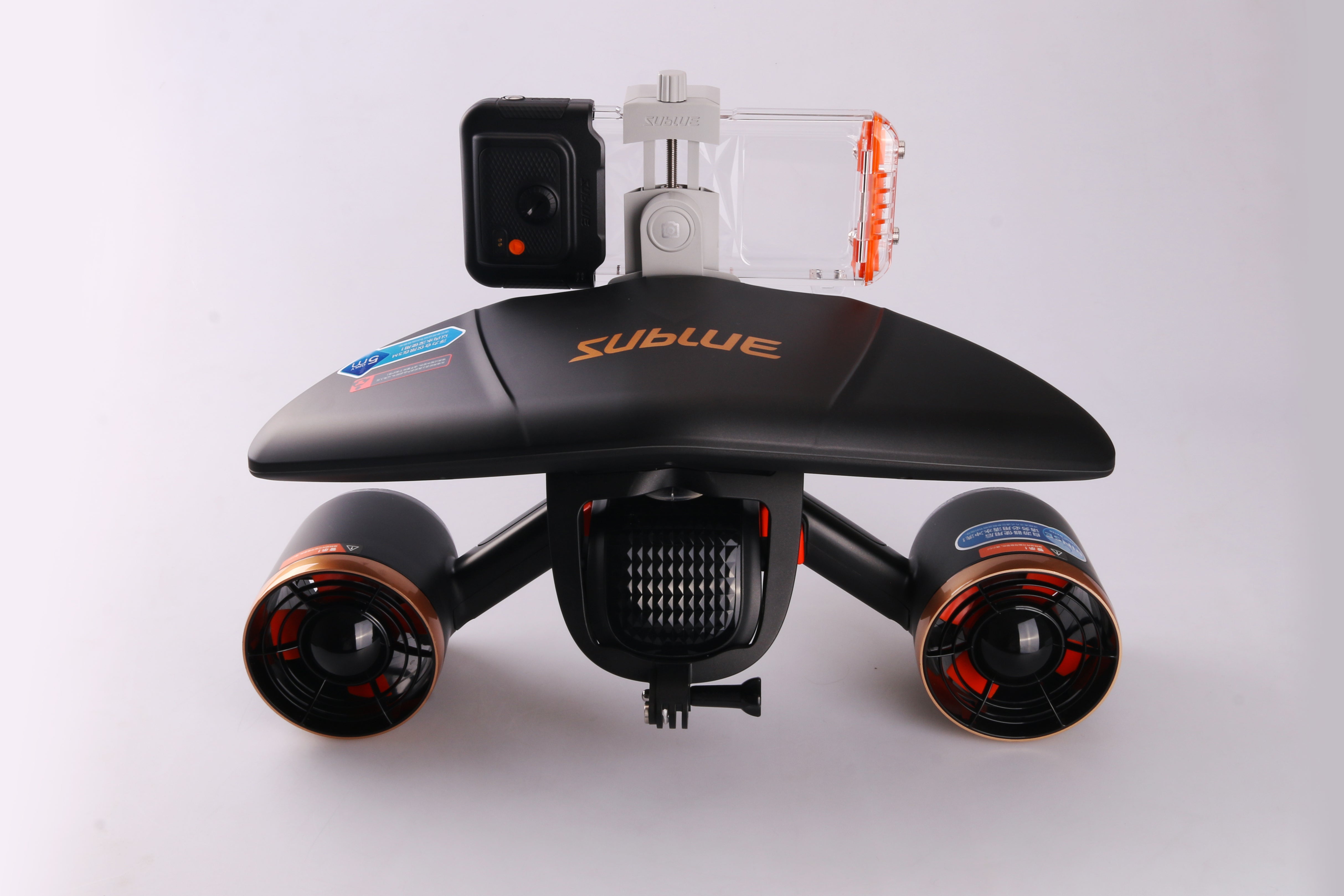 Sublue underwater scooter with H1 waterproof phone case attached for photography.