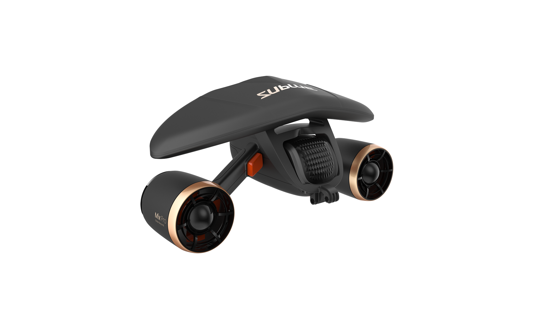 Sublue MixPro underwater scooter in black with orange button and dual propellers.