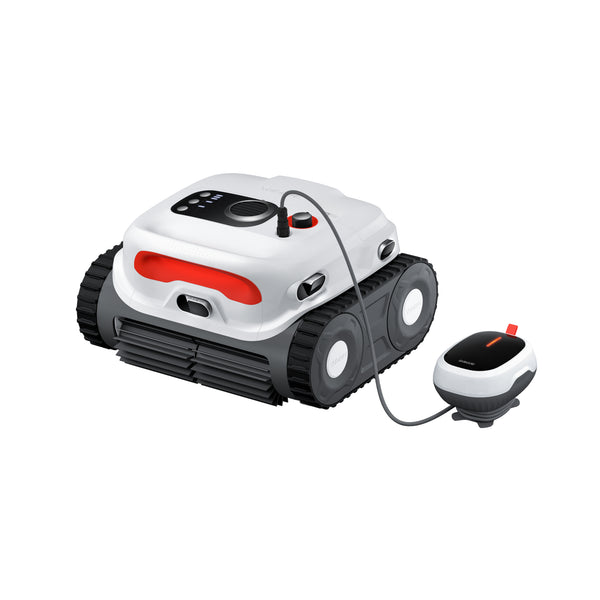 a white robot with black wheels and a cord